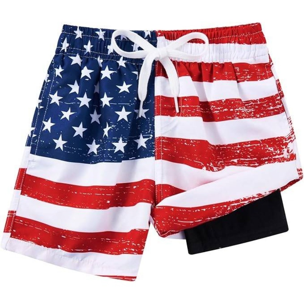 Kids American Flag 2-in-1 Swim Trunks Patriotic Stars Stripes Red White Blue 4T